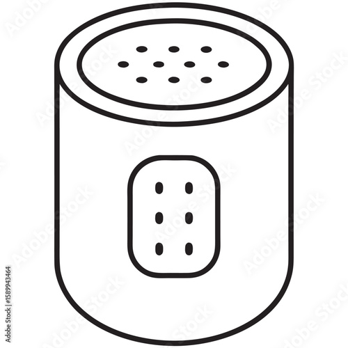 Cylindrical speaker with perforated top and button voice assistant icon