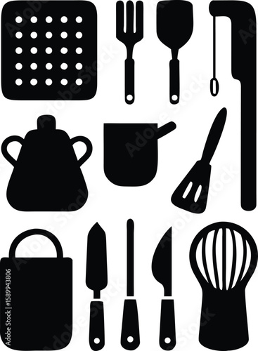 Collection of black kitchen utensils and cooking tools silhouettes