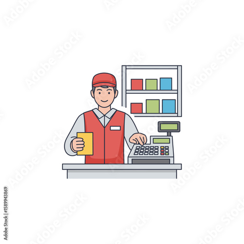 Friendly male cashier processing customer payment at a modern retail store checkout counter with a cash register and products.