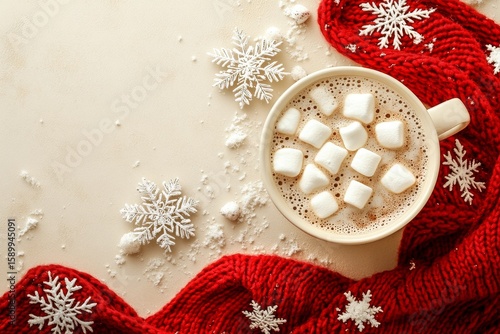 Warm Cup of Hot Cocoa With Marshmallows on Cozy Red Scarf During Winter Season