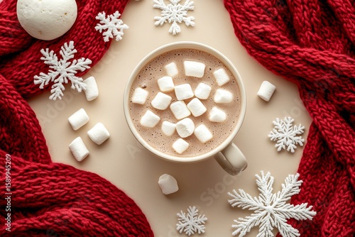 Warm Cup of Hot Cocoa With Marshmallows on Cozy Red Scarf During Winter Season.