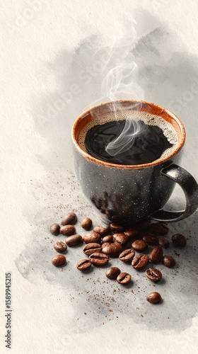 Hot Coffee Cup Steaming With Roasted Beans on a Textured Surface in Cozy Setting