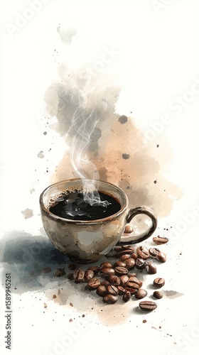 Freshly Brewed Coffee Steaming in a Cup With Roasted Beans on a Light Background