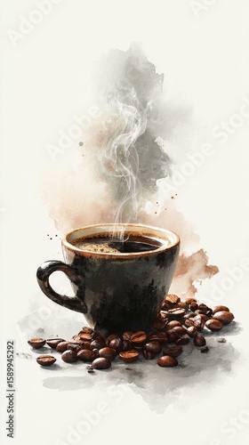 Freshly Brewed Coffee Steaming in a Cup With Roasted Beans on a Light Backgro...