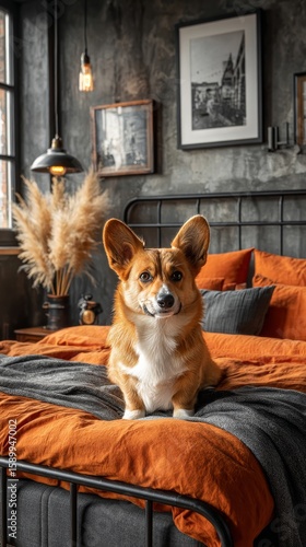 Corgi Sits Proudly on Bed Adorned With Orange and Gray Linens in Stylish Inte...