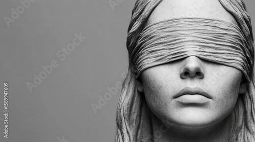 A striking grayscale sculpture of Justicia, with long hair and a blindfold, symbolizes fairness and objectivity in justice