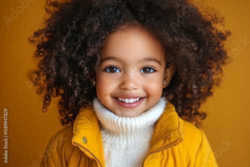 Smiling Girl With Curly Hair Wearing a Yellow Jacket and White Sweater Agains...