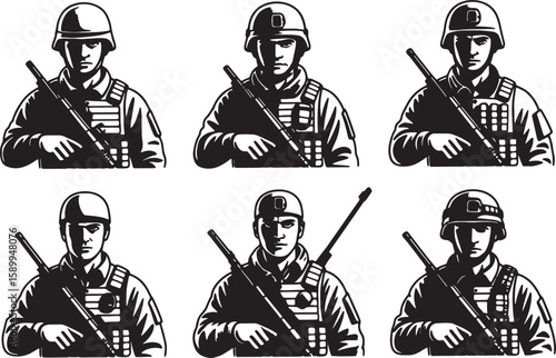 Vector Soldier Illustrations With Rifles And Helmets