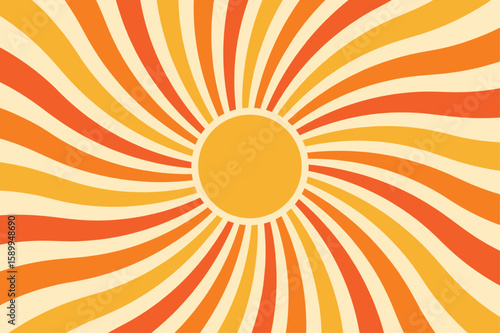 Retro sun background with radial swirl rays. Vector textured 70s abstract pattern. Vintage summer poster with concentric stripes of beams.
