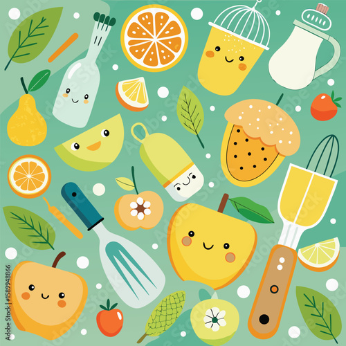 Adorable array of playful cartoon fruit including apples oranges pears lemons and more against a soft green fruit