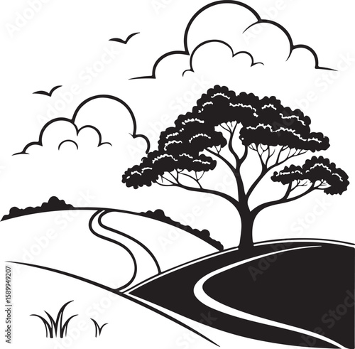 Stylized black and white illustration of a winding road leading to a lone tree under a cloudy sky
