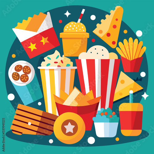 Colorful illustration of various popular fast food items like fries popcorn drinks and other snacks presented in a flat design fruit