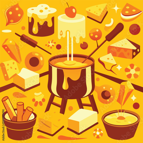 Delicious cheese fondue illustration with various components and food items arranged in a delicious fruit