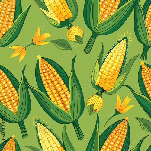 Vibrant seamless corn pattern with detailed illustrations of harvested maize on a green textured background