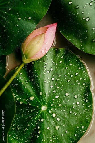 Water Lily Bud and Droplets Resting on Wide Green Leaves in Tranquil Setting