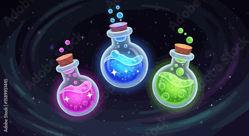 Magical potions glowing brightly in a mysterious background.
