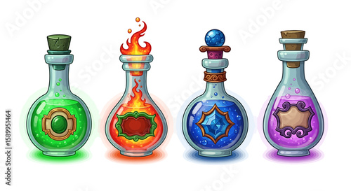 Illustration of four uniquely designed potion bottles with colorful liquids and different corks.