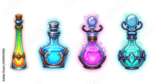Collection of four fantasy potion bottles with glowing effects