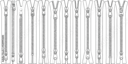Zipper vector set, CAD zipper sketch, zipper technical drawing, zipper flat illustration, zipper types, fashion accessory design, apparel detail, zipper graphic elements