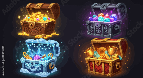 Collection of treasure chests with jewels and gold. The treasure chests contain different treasures and emit a vibrant glow.