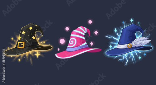 Three vibrant, unique witch hats with glowing magical effects, perfect for fantasy projects