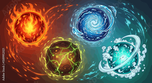 Four Elements Depicted: Fire, Water, Earth, and Air, each in their own sphere of influence