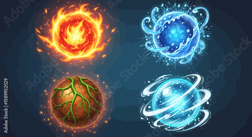 Four elemental orbs: fire, water, earth, and air, each depicted as a glowing sphere with unique textures and effects.