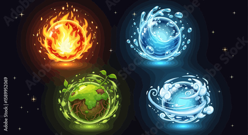 Four elements of nature: fire, water, earth, and air, presented as a conceptual illustration. Each sphere represents a natural element