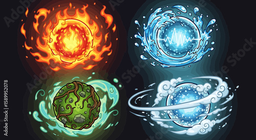 Four elemental spheres: fire, water, earth, and air, swirling with energy. Each sphere is vibrant and detailed, showcasing the power of nature's elements 