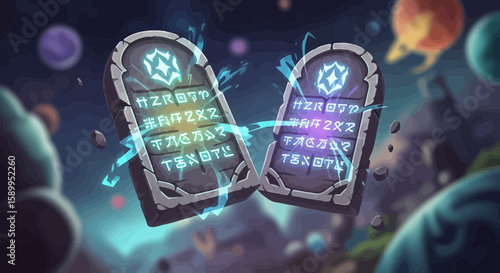 Ancient stone with blue inscriptions floating in space surrounded by planets