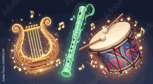 Musical instruments including harp, flute, and drum, with musical notes around