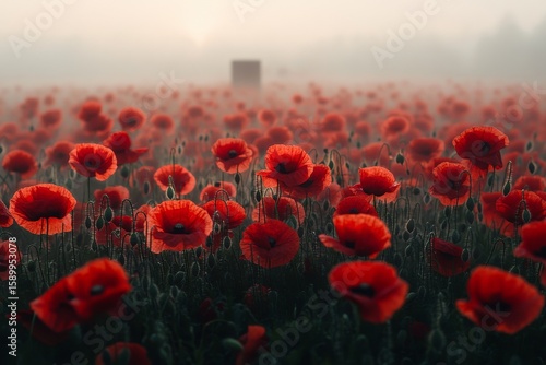 Vibrant Poppy Field in Early Morning Mist With Soft Light Illuminating Blossoms