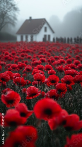 Vibrant Red Poppy Field With a Quaint House in the Distance Under a Foggy Sky