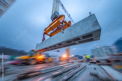 construction site with crane lifting concrete beam