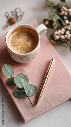 Warm Coffee in a Cozy Setting With a Notebook and Greenery Decor on a Table