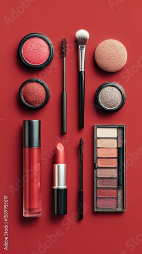 Cosmetic Products Arranged on a Vibrant Red Background for Beauty Enthusiasts...