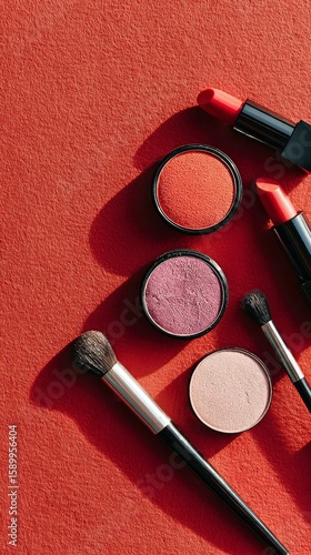 Cosmetic Products Arranged on a Vibrant Red Background for Beauty Enthusiasts...