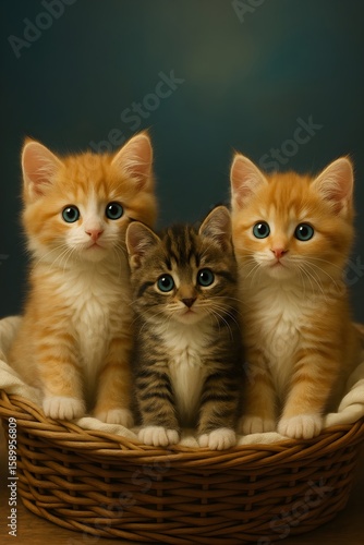Three adorable kittens in a basket, looking at the viewer