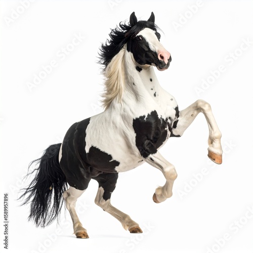 Black and white pinto horse rearing up isolated on white background