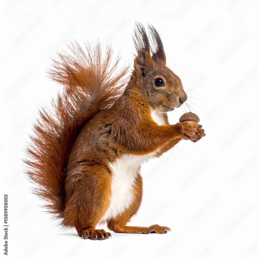 Obraz premium Red squirrel holding an acorn, isolated on white background, wildlife close-up