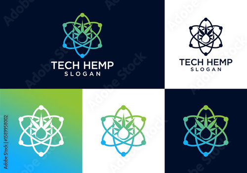 Oil drop logo icon vector with organic natural cannabis leaf and scientific circle