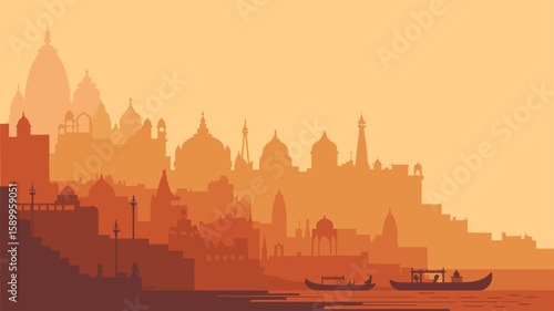 Varanasi city skyline sihihoute, Banaras city in the shades of orange colour vector illustration 