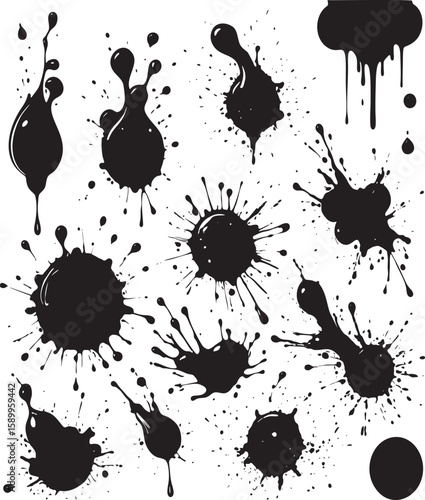 Set of Black Ink Splatter and Drip Elements on White Background