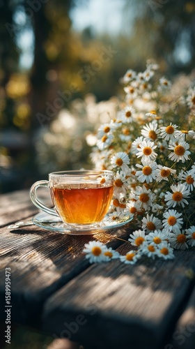 Herbal Tea Served in a Glass Cup Surrounded by Daisies on a Rustic Wooden Tab...