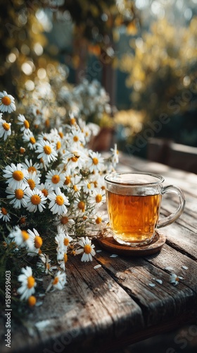 Warm Tea Placed Among Blooming Flowers in a Serene Garden Setting During a Su...