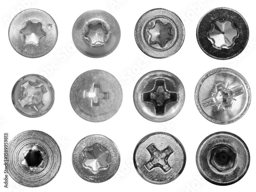 Set of various screws heads on transparent background: cross-head, torx, star. Isolated