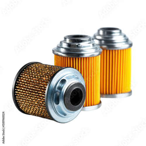 Three yellow oil filters are shown on a white background