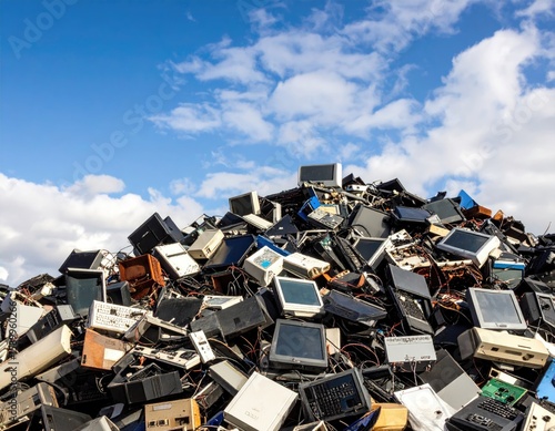 A towering pile of discarded electronics against a clear sky