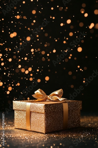 Shimmering Golden Gift Box Wrapped With Ribbon Against a Festive Backdrop of ...