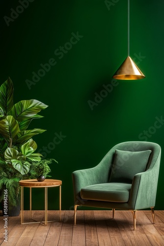 Stylish Green Armchair and Gold Pendant Light in a Modern Interior Design Set...